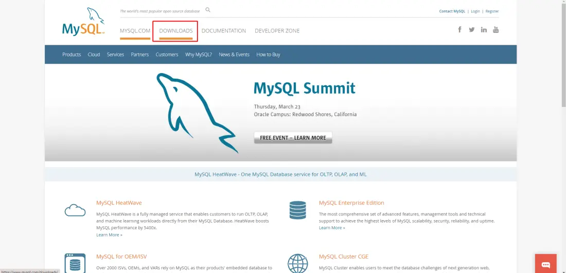 Click on link with domain name and mysql.com and move to its & Download Page