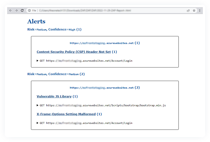 zap security testing services alert counts table